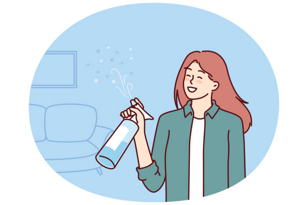 Woman uses air freshener to get rid of unpleasant smell in apartment after cleaning Woman uses air freshener to get rid of unpleasant smell in apartment after cleaning. Housewife girl stands in living room with air freshener spraying fragrance to create comfortable environment home fragrance stock illustrations