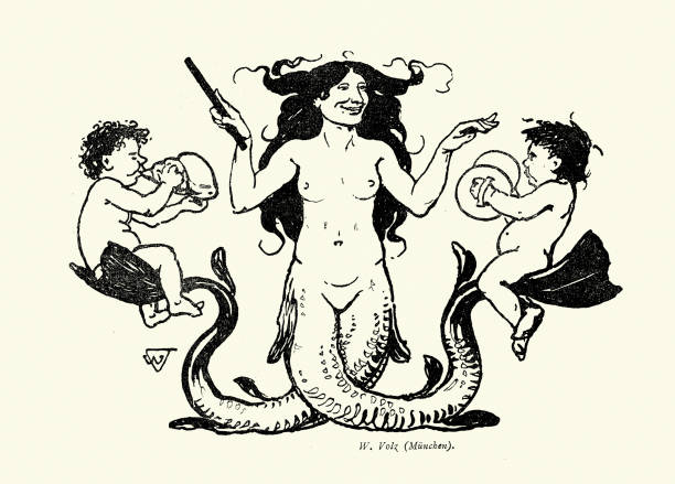 Mythical creature, Mermaid with two tails conducting musicians, Art Nouveau, Jugendstil, 1890s, 19th Century