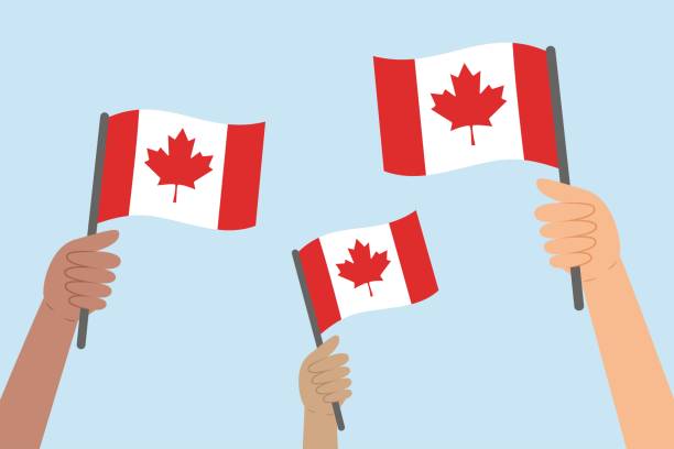 istock Diverse people hands raising flags of Canada. Vector illustration of Canadian flags in flat style. 2156251077