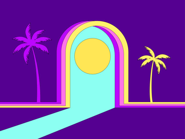 istock Isometric arch with palm trees on the sides and a view of the sun in a minimalist style. Surreal composition, light from the arch. Design for banners, posters and prints. Vector illustration 2156254196