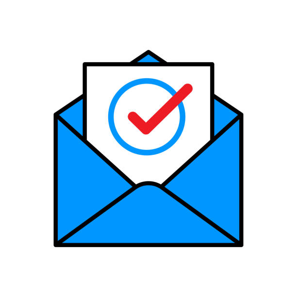 Envelope with Checkmark Line Art Vector illustration of a blue envelope with red checkmark against a white background in line art style. election fraud stock illustrations