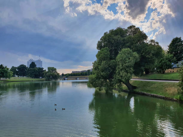 istock Tree on embankment of city pond under dramatic sky 2156260039