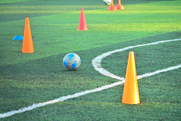 istock artificial green grass soccer field with training cone and ball 2156277266