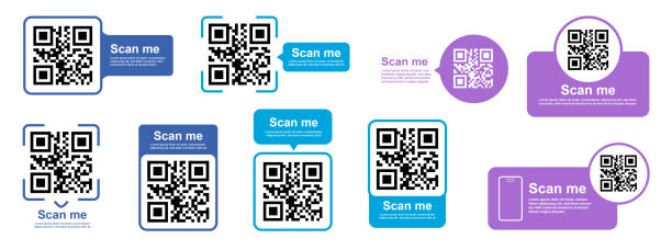 QR code color set. Barcodes with text scan me. QR code color set. Barcodes with text scan me. Marketing and electronic commerce. Poster or banner for website. Flat vector bar-code-reader stock illustrations