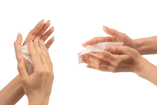 istock Wet wipe in a woman hand isolated on a white background. 2156295099