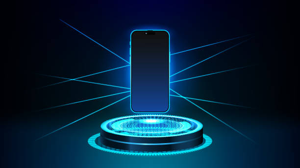 istock Futuristic 3D Neon Light Podium Mockup for Smartphone Display. Laser Powered Pedestal with Cyberpunk Sci-Fi Stage Background. Vector. 2156298379