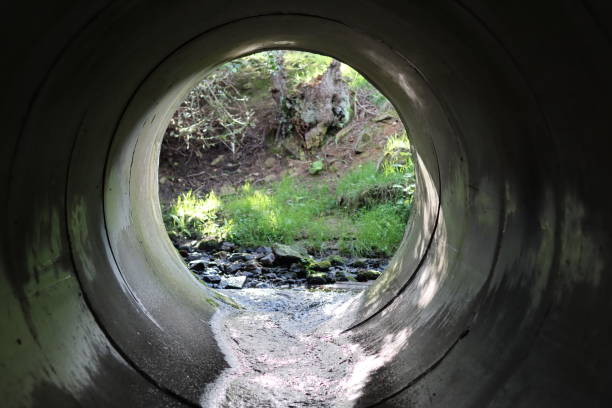 istock View through a round concrete tunnel carrying a stream beneath a road 2156298536
