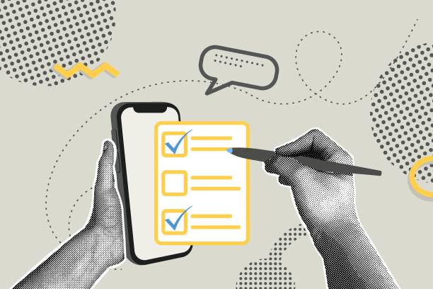 Trendy halftone collage. Hand holding phone,used for paperless online approval . Document management concept.Vector business concepts for graphic and web design, marketing and print materials, social media. Vector illustration