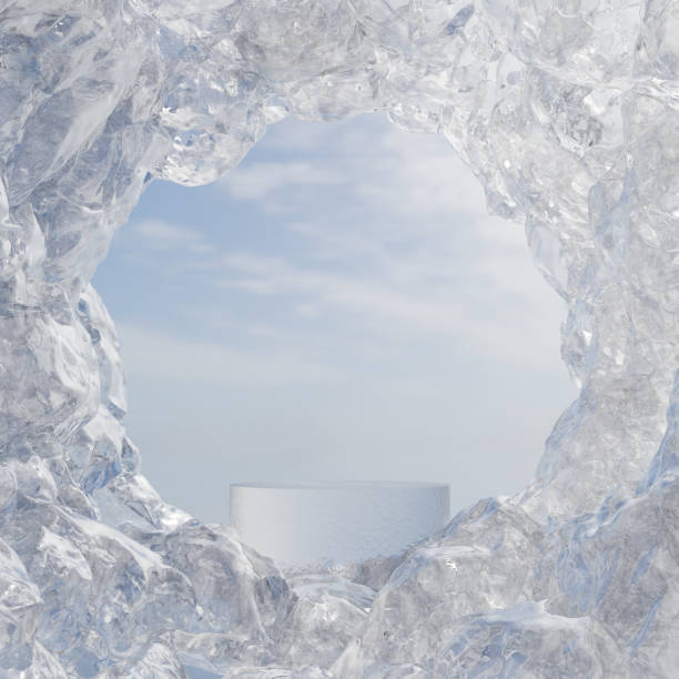 Abstact 3d render winter scene and Natural podium background, Blue ice podium on the white crystal mountain cave, Backdrop day sky and cloud for product display, advertising, mockup or etc