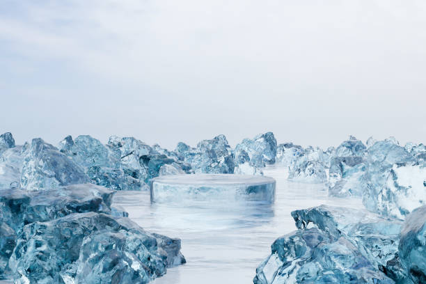 istock 3d render platform background and empty round stage, Ice podium on the frozen lake with ice rock in winter for product stand display, advertising cosmetic, products, skincare or etc 2156302776