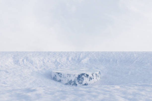 istock 3d render winter platform and natural podium background, Ice snow podium on the snow valley, Backdrop clear sky for product display, advertising, cosmetic skincare or etc 2156302777