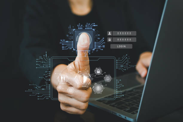 istock Business people is Fingerprint scanning for Security and reset password login online. Cybersecurity network and data protection concept. internet access Future technology and cybernetics. 2156310285
