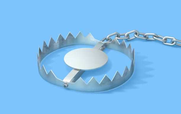 istock Open metal bear trap with chain isolated on blue background. Clipping path included 2156316839