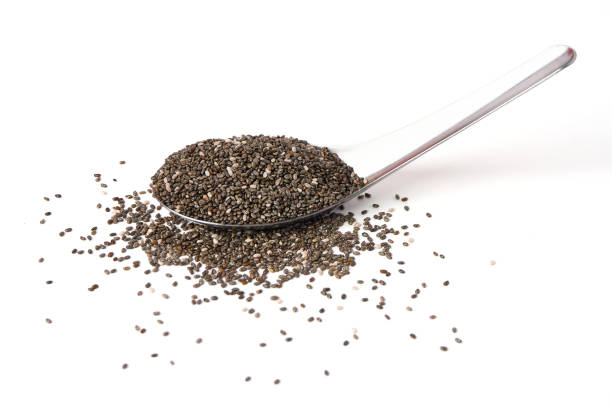 istock Chia Seed on spoon and scattered isolated on white background. Chia Seed is a small grain. will swell when soaked in water. many nutrients Contains omega-3, protein, fiber,  antioxidants and vitamin. 2156321438