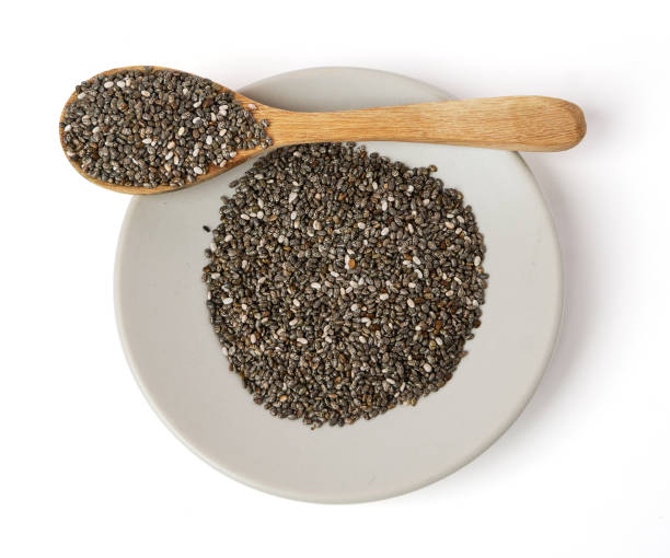istock Top view of chia seed on spoon and dish isolated on white background. Chia Seed is a small grain. will swell when soaked in water. many nutrients Contains omega-3, protein, fiber and vitamin. 2156321498