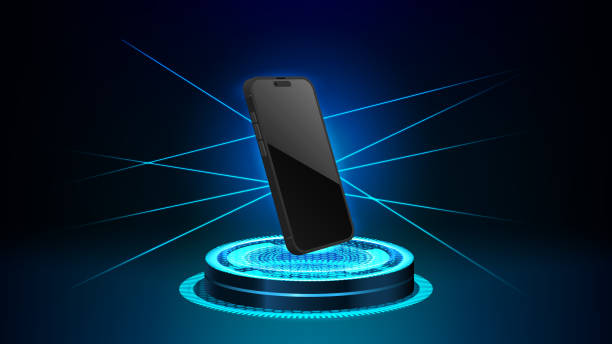 istock Futuristic 3D Neon Light Podium Mockup for Smartphone Display. Laser Powered Pedestal with Cyberpunk Glowing Sci-Fi Stage Background. Vector. 2156321564