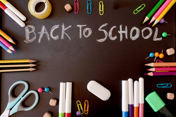 back to School message on blackboard and School supplies