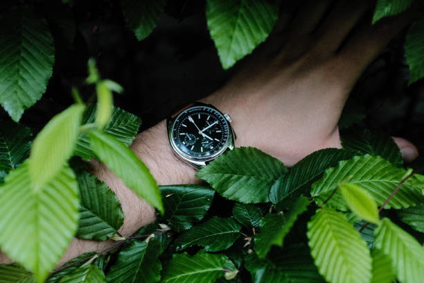 A close-up shot of a watch on a wrist, surrounded by lush green foliage. The image captures the elegance and craftsmanship of the watch in a natural setting.