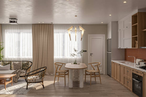 istock A modern dining room with Canadian-style chairs and a white marble dining table. 2156333608
