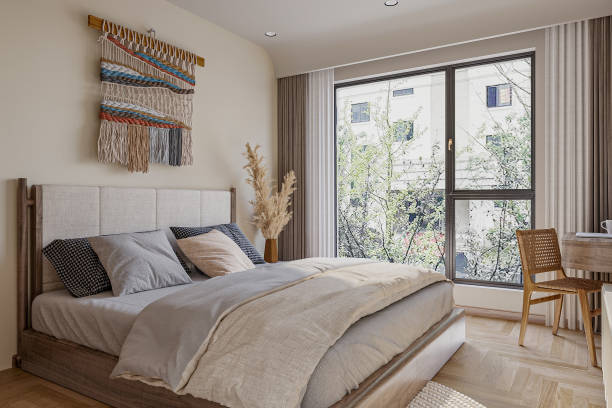 istock Scandinavian white minimalist bedroom with panoramic window, 2156333809