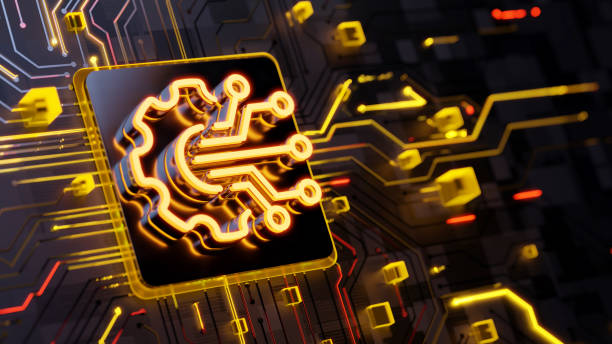 istock Innovation, technology concept. Glowing gears 3d symbol on the abstract circuit board with light trails as data streaming symbol 2156334040