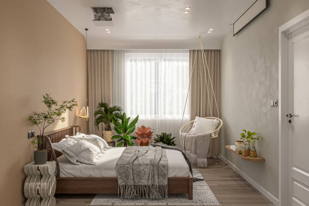 Photo realistic spacious master bedroom with natural light showcasing the comfort and boho style
