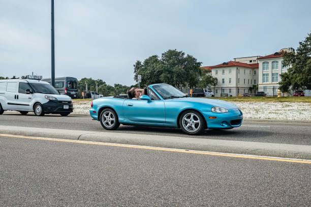 Gulfport, MS - October 05, 2023: Wide angle front corner view of a 2001 Mazda MX-5 Miata LS Convertible at a local car show.