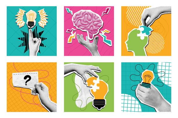 illustrazioni stock, clip art, cartoni animati e icone di tendenza di idea creativa collage mezzetinte. composizione di generazione di idee a tecnica mista, cervello pop art e set di illustrazioni vettoriali per la soluzione dei problemi. - immagine composita