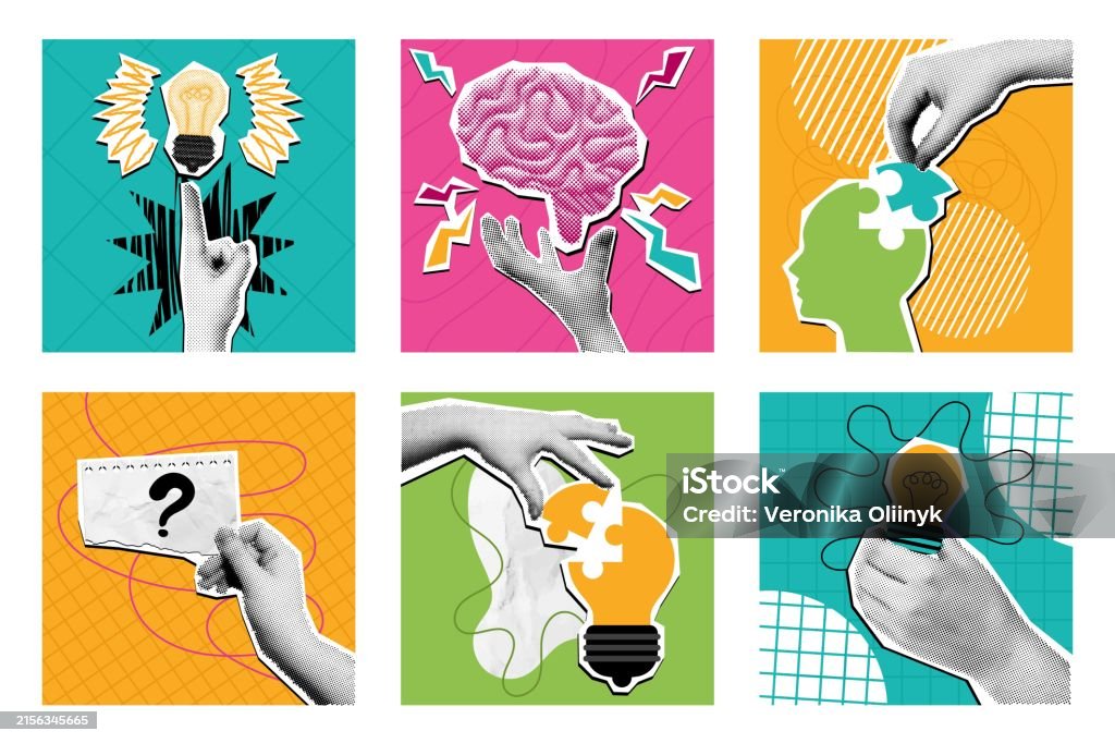 Halftone collage creative idea. Mixed media idea generation composition, pop art brain and problem solving solution concept vector illustration set. - 免版稅綜合圖像圖庫向量圖形 Halftone collage creative idea. Mixed media idea generation composition, pop art brain and problem solving solution concept vector illustration set. - 免版稅綜合圖像圖庫向量圖形