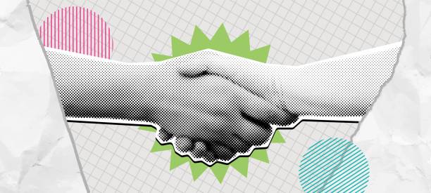 Halftone handshake collage. Win win deal, mixed media shaking hands symbolizing agreement, partnership and cooperation vector illustration. Halftone handshake collage. Win win deal, mixed media shaking hands symbolizing agreement, partnership and cooperation vector illustration popart hand stock illustrations