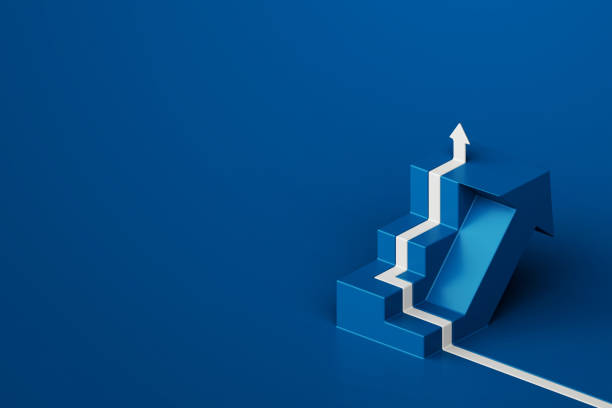 istock Minimalist 3D rendering of an upward arrow and stairs on blue background, representing success and achievement 2156347315