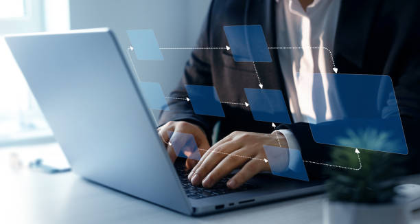 istock Scheme hierarchy management of corporate. Digital technology of business process and workflow automation with flowchart and processing management. 2156350487