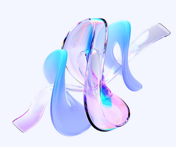 istock Abstract glass infinity loop shapes with transparent gradient ribbon 3d render. Holographic glossy and morphism wave form of water or plastic. Iridescent art object on blue background 2156350630