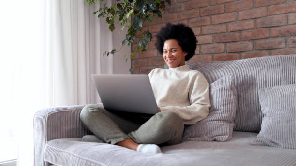 istock Happy woman working on the sofa 2156350835