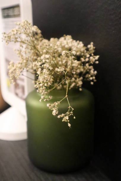 Dry white flowers in a green vase.
