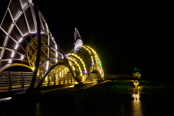 Uljin, South Korea - May 18th, 2024: A nighttime view of Uljin Sweet Fish Bridge, highlighting the brightly illuminated fish sculptures and intricate LED-lit structure reflecting off Namdae Stream, showcasing the bridge's modern design.