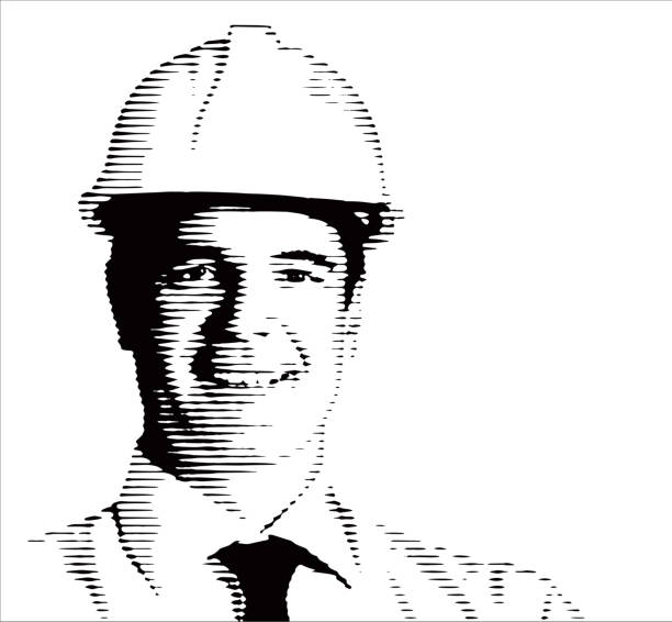 Confident, smiling architect, civil engineer or construction manager, with a coarse line screen to create a dramatic halftone effect.