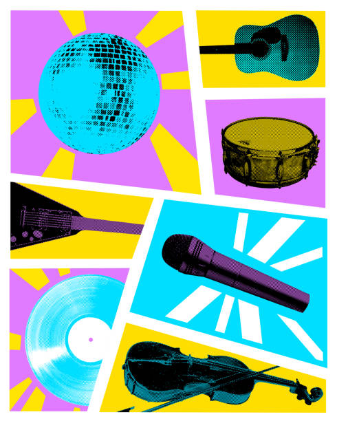 Collection of musical instruments, including microphone, disco ball, guitar, violin, and drum set against colorful background. Contemporary art collage.