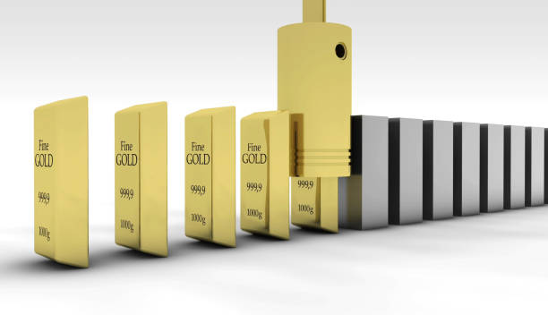 The lined up moving blocks enter the press and turn into gold ingots. / You can see the animation movie of this image from my iStock video portfolio. Video number: 2156028913