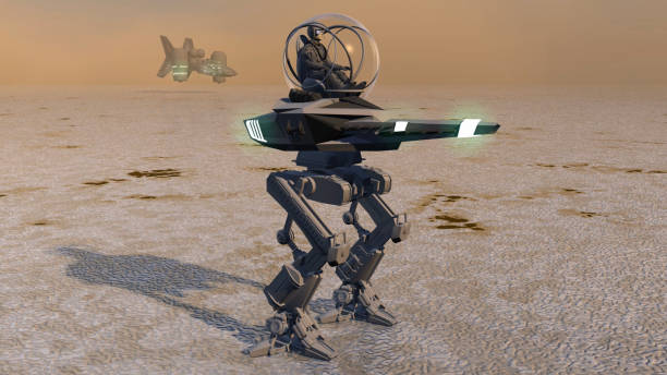 Closeup of an old rusty robot arm on a blue background, panoramic banner with copy space.