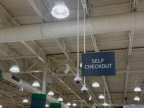 Self-checkout sign in a suburban supermarket