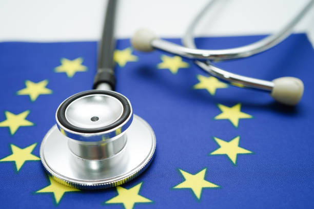istock Stethoscope on EU flag background, Business and finance. 2156364362