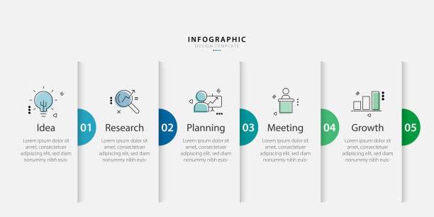 ilustraciones, imágenes clip art, dibujos animados e iconos de stock de infografía de timeline creator, viaje de línea de tiempo de 5 pasos. - infografía