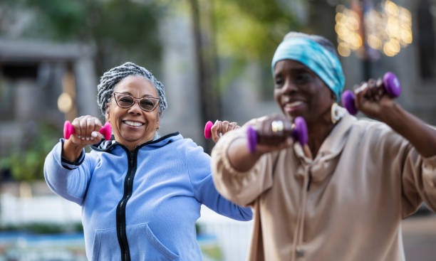 istock Two senior black women exercising with handweights 2156366589