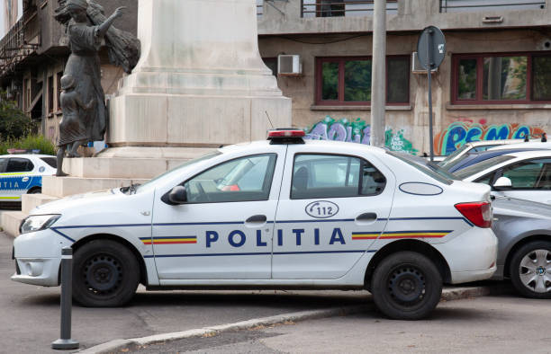 A Police car, parked, in Bucharest, Romania.