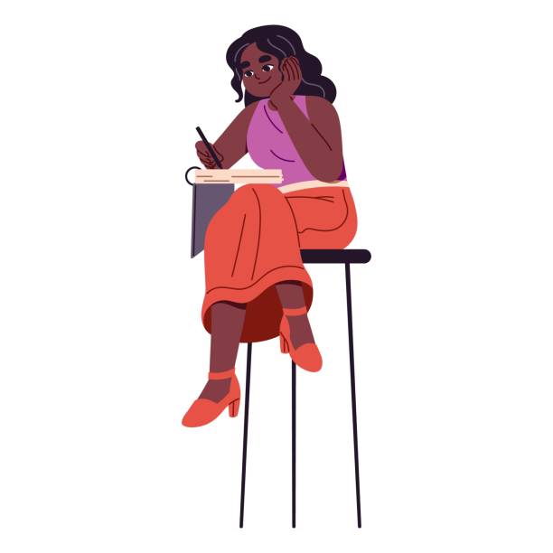 Cute black girl sits on chair, does homework, home exercise. Student prepares for exams, learning, studies, writes in copybook. Teen takes notes in notebook. Flat isolated vector illustration on white Cute black girl sits on chair, does homework, home exercise. Student prepares for exams, learning, studies, writes in copybook. Teen takes notes in notebook. Flat isolated vector illustration on white. person writing on notepad stock illustrations