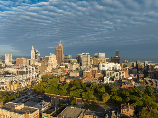 Downtown Cleveland, Ohio on a Cloudy Morning in Fall - Drone Shot