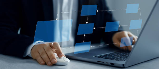 istock Scheme hierarchy management of corporate. Digital technology of business process and workflow automation with flowchart and processing management. 2156375019