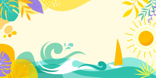 Abstract simple background with natural line arts - summer theme - Abstract simple summer background with natural line arts. Beach scene with colorful leaves, ocean waves, sun, and sailboat. Summertime designs idyllic stock illustrations
