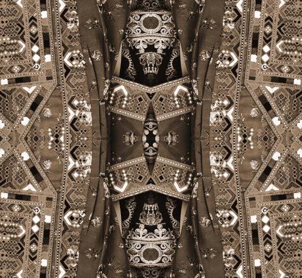 Symmetrical Fabric Design Detailed Patterns Sepia Tone Artistic Textile Background